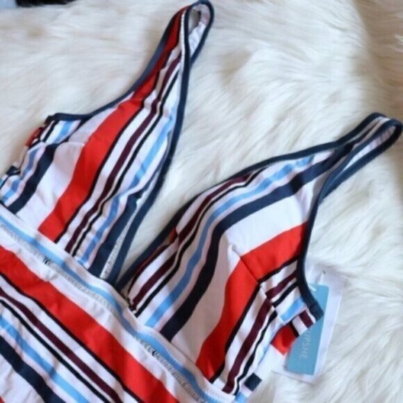NWT Stripe Print One Piece Bathing Suit Size Large White Orange Blue Swimsuit - Picture 10 of 11